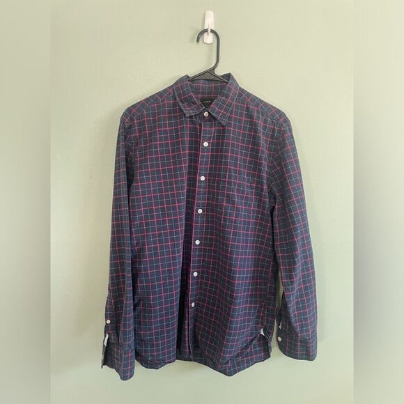 J. Crew 100% Cotton Navy Pink Tartan Long Sleeve Button Down Fall 2012 SZ M - Picture 1 of 6